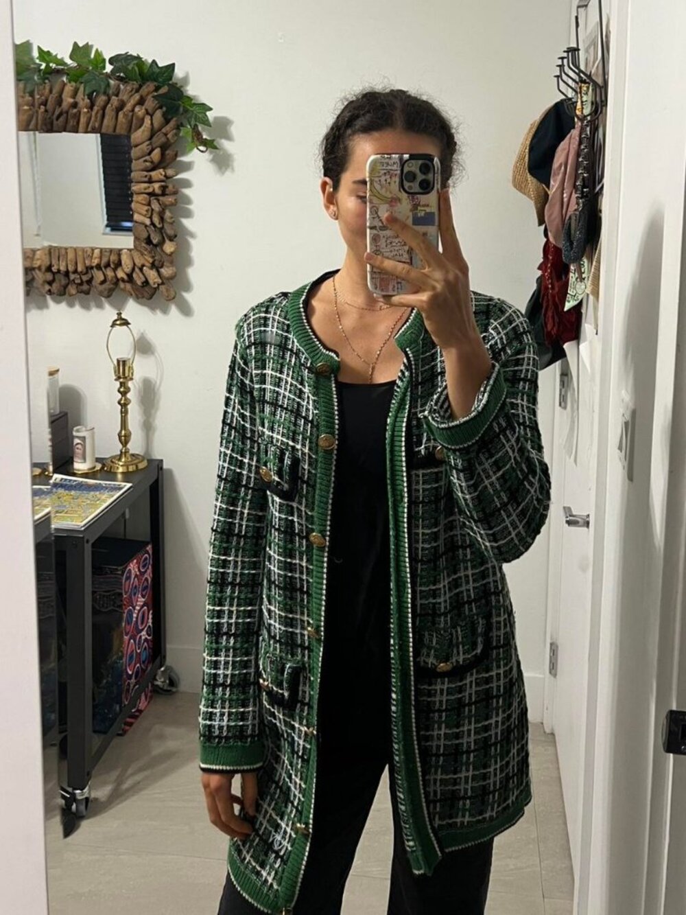 Mango green and white plaid tweed cardigan with gold detailed buttons